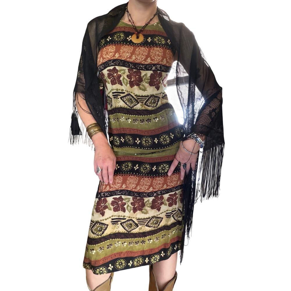 Vintage 90s Earthy Boho Rayon Whimsigoth Midi Dress
